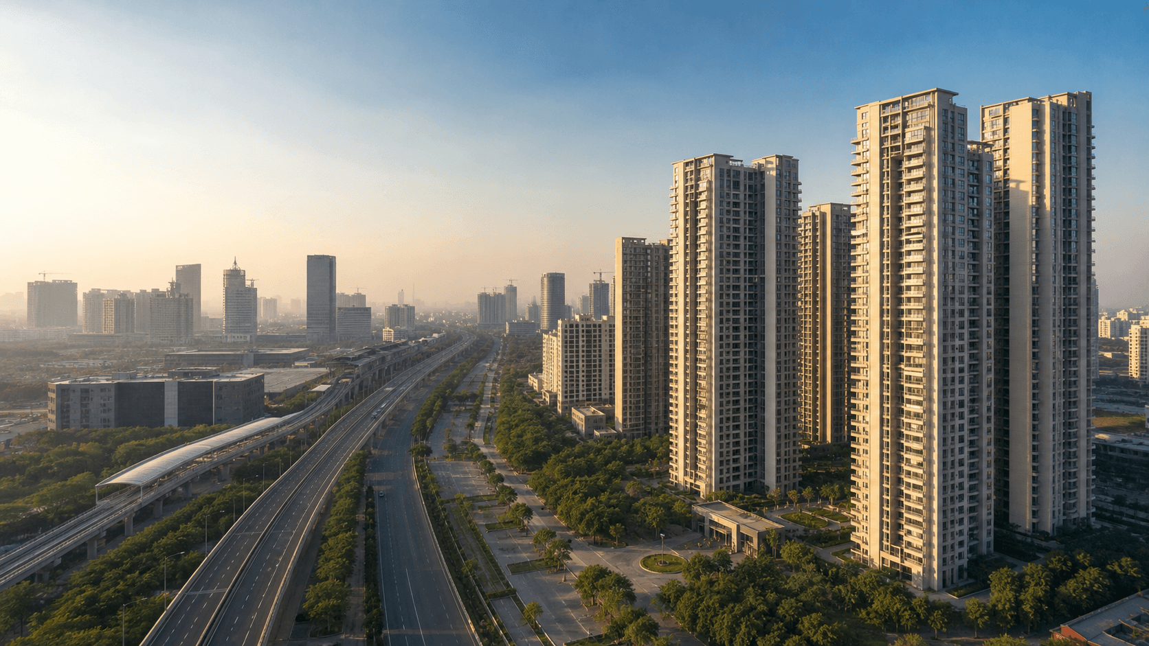 Premium Noida residential towers beside expressway infrastructure in morning light